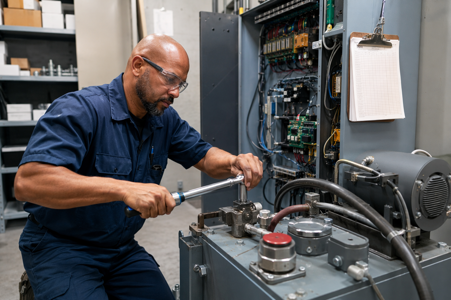 Machine Room Hydraulic Unit Service Elevator technician servicing a hydraulic power unit in a Baltimore machine room — the type of labor and parts work covered under mid-tier and full-service elevator maintenance contracts.