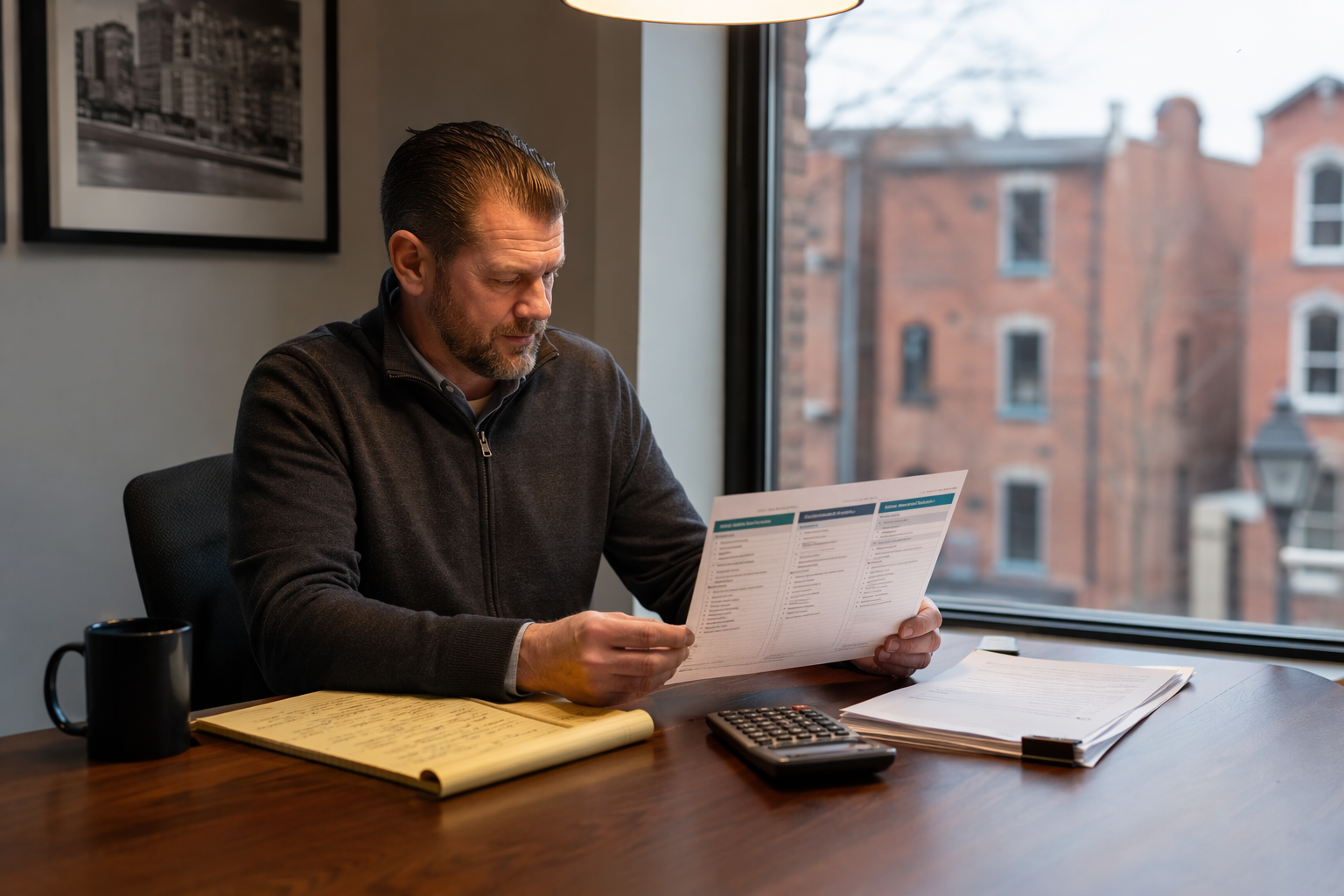 Building operations manager comparing elevator maintenance contract pricing proposals at a desk in a Philadelphia property management office, evaluating coverage tiers and per-unit costs.