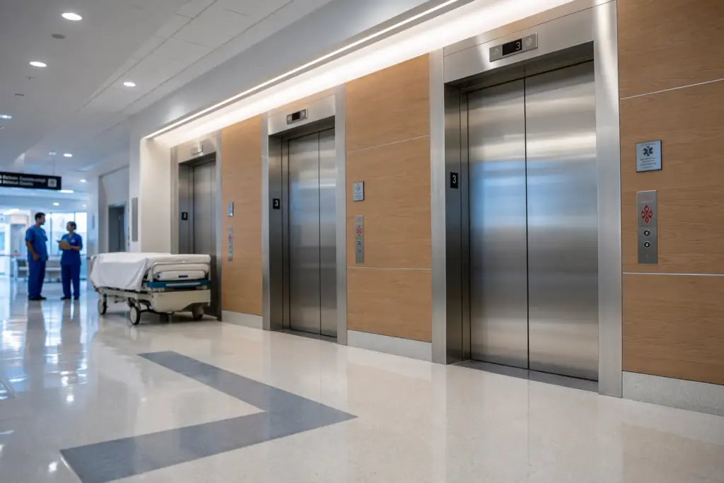 Hospital elevator bank with stainless-steel doors and a gurney in a mid-Atlantic healthcare facility, illustrating elevator maintenance ROI for healthcare operations.