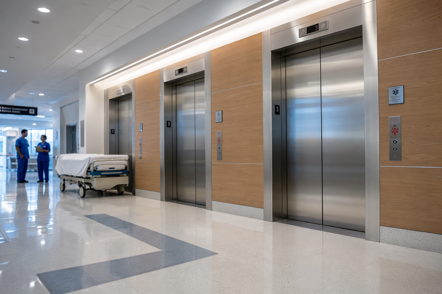 Hospital elevator bank with stainless-steel doors and a gurney in a mid-Atlantic healthcare facility, illustrating elevator maintenance ROI for healthcare operations.