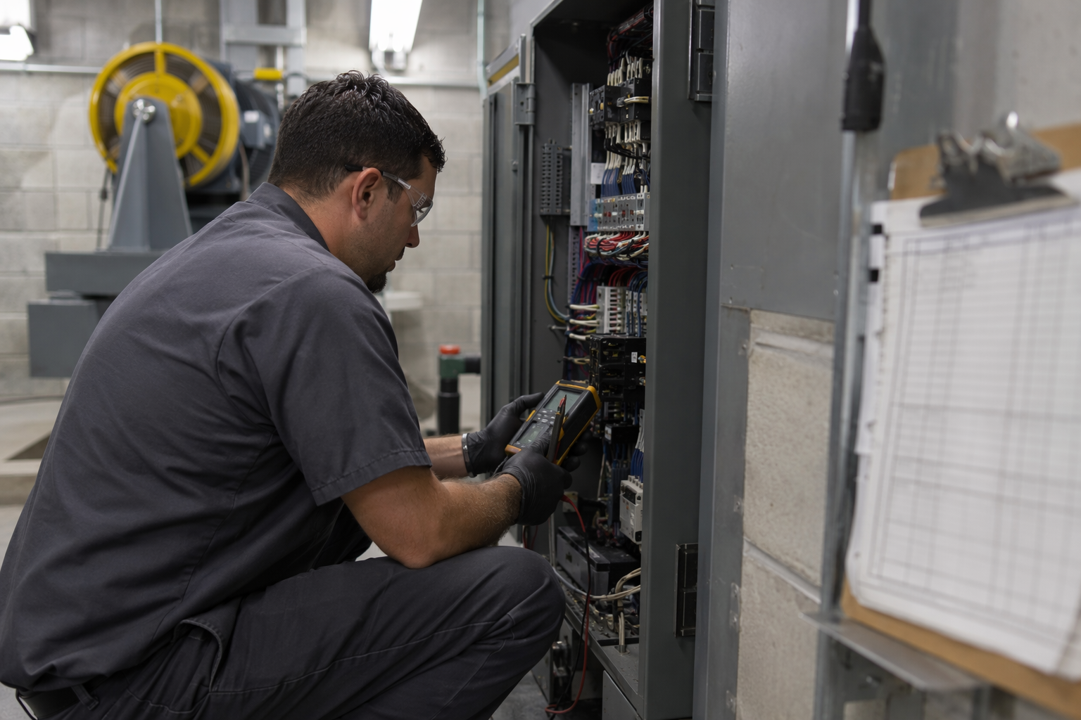 Elevator technician using a diagnostic meter inside a hospital building machine room, illustrating proactive maintenance that reduces emergency repair costs and improves elevator maintenance ROI.
