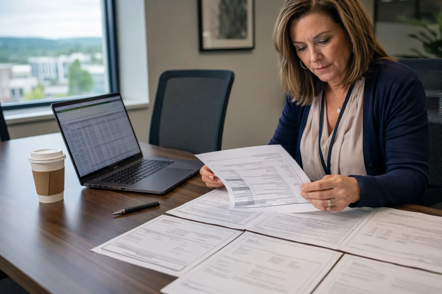 Healthcare facility manager reviewing elevator compliance inspection documents at her desk, a key step in assessing elevator maintenance ROI and avoiding regulatory penalties.