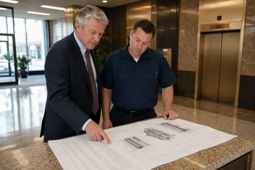 Building manager and elevator technician reviewing an elevator modernization cost breakdown proposal in a Baltimore commercial office building lobby