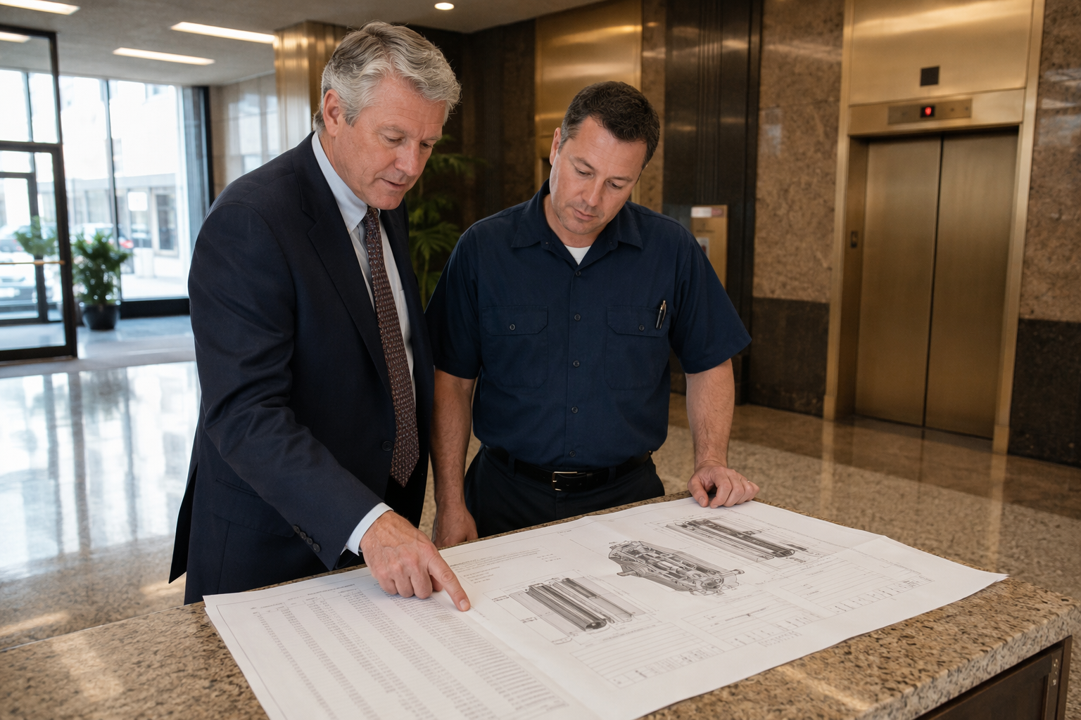 Reviewing an Elevator Modernization Cost Breakdown Building manager and elevator technician reviewing an elevator modernization cost breakdown proposal in a Baltimore commercial office building lobby