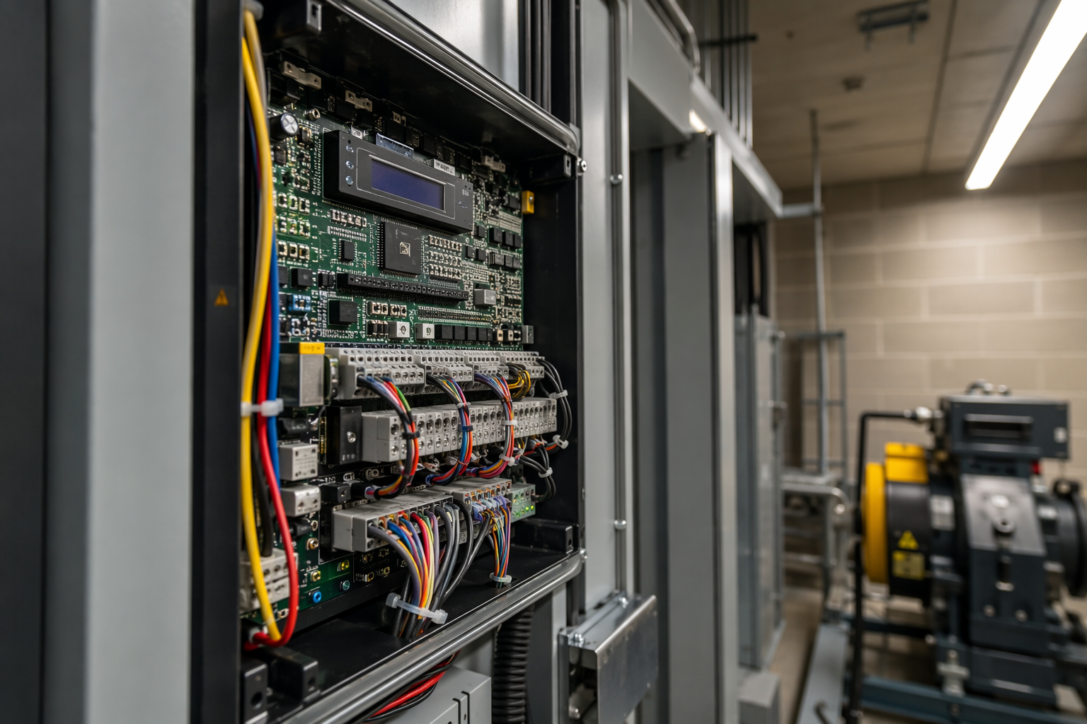 New solid-state microprocessor elevator control panel inside a machine room, a major line item in any elevator modernization cost breakdown