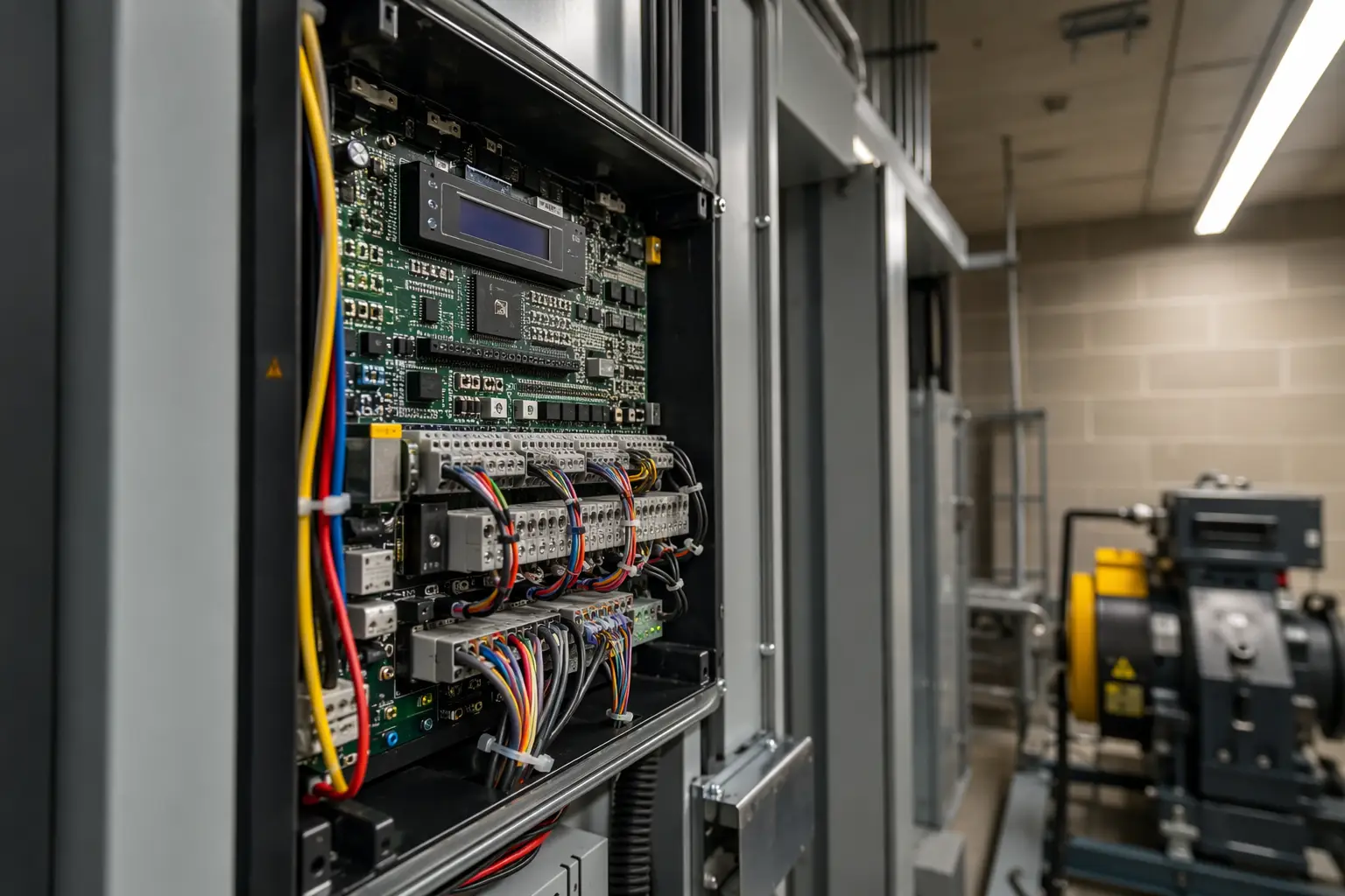 Elevator Control Panel Upgrade — Machine Room Detail New solid-state microprocessor elevator control panel inside a machine room, a major line item in any elevator modernization cost breakdown