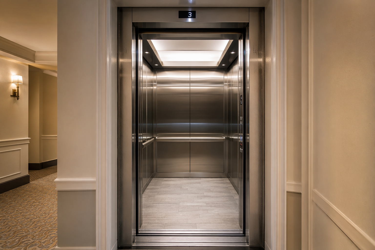 Renovated elevator cab interior with stainless steel panels and LED ceiling in a Washington DC residential building after modernization