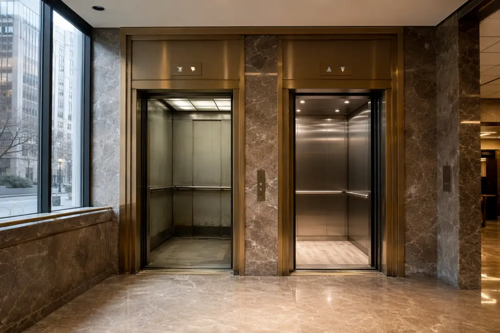 Two elevator cabs side by side in a Washington DC office lobby — one aged and worn, one newly modernized — illustrating elevator modernization vs replacement cost comparison