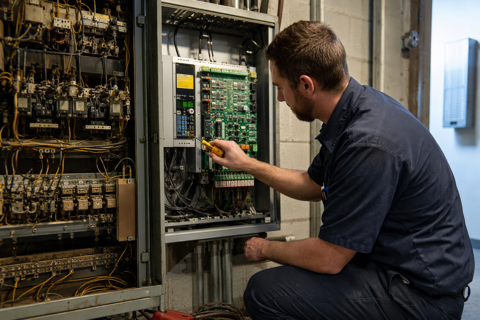 Old vs. New Elevator Control Systems Elevator technician comparing an old relay-logic control panel with a new solid-state VVVF drive controller during an elevator modernization project in a Baltimore machine room