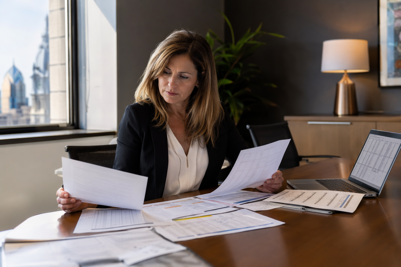 Reviewing Elevator Modernization Cost Estimates Philadelphia building property manager reviewing elevator modernization versus full replacement cost estimates and assessment proposals at an office conference table