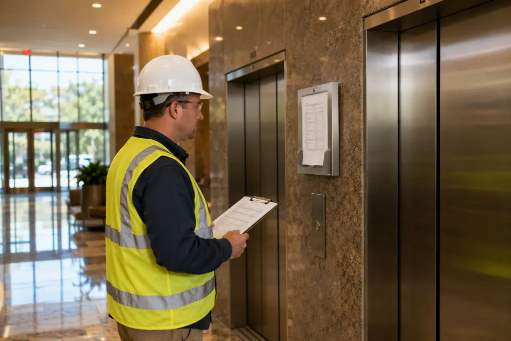 Certified elevator inspector reviewing safety compliance documentation beside stainless-steel elevator doors in a Baltimore commercial building lobby.