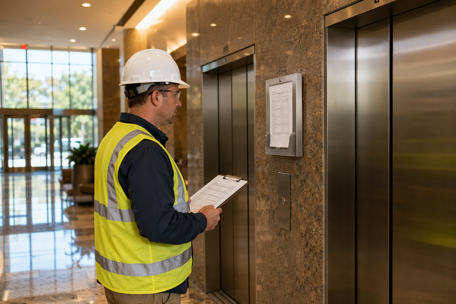 Elevator Safety Code Compliance Inspection — Baltimore, MD Certified elevator inspector reviewing safety compliance documentation beside stainless-steel elevator doors in a Baltimore commercial building lobby.