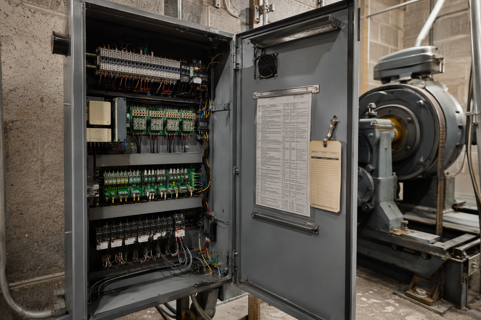 Elevator Machine Room Controller — ASME A17.1 Compliance Open elevator controller cabinet in a Baltimore machine room showing wiring and inspection tag, illustrating ASME A17.1 code compliance requirements.
