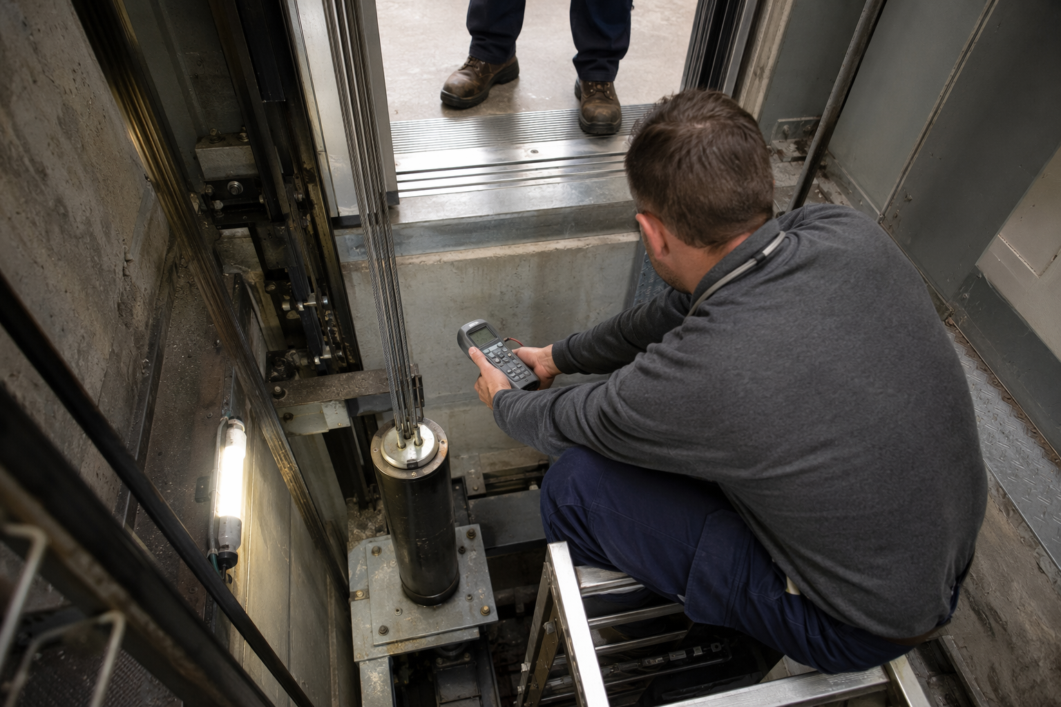 Category 5 Elevator Safety Test — Elevator Pit Inspection Elevator technician performing a Category 5 full-load safety test in a traction elevator pit, a required periodic test under Maryland elevator safety regulations.