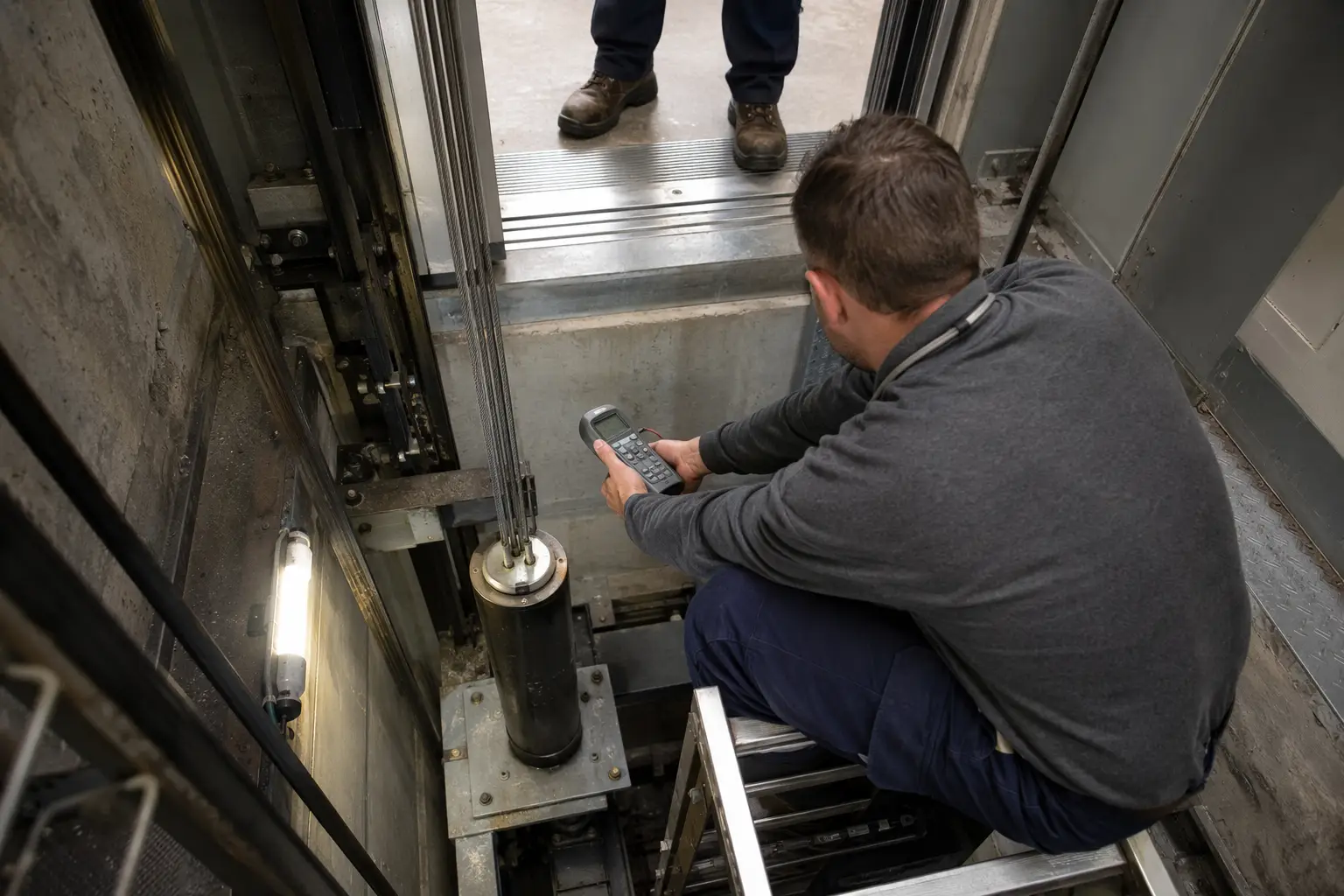 Category 5 Elevator Safety Test — Elevator Pit Inspection Elevator technician performing a Category 5 full-load safety test in a traction elevator pit, a required periodic test under Maryland elevator safety regulations.