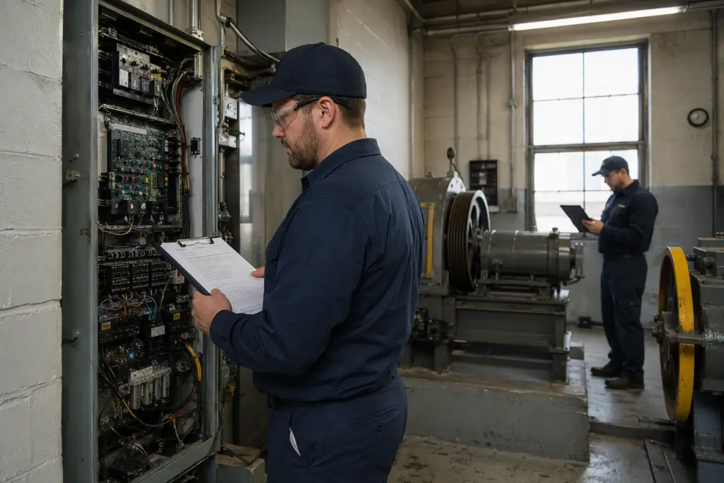 Independent elevator service company technician reviewing controller documentation in a Baltimore machine room, illustrating the difference between independent service and OEM manufacturer service.