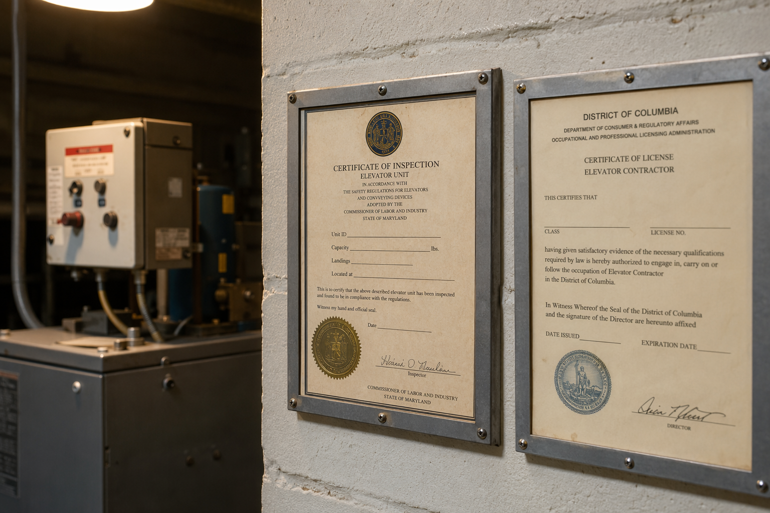 State elevator contractor license and inspection certificate mounted in a Washington DC elevator machine room, showing independent service company compliance with ASME A17.1 licensing requirements.