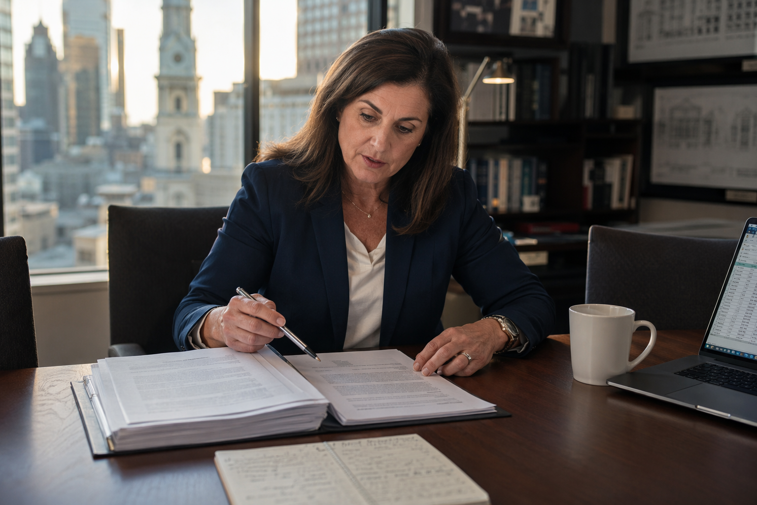 Philadelphia building manager comparing elevator service company contract against OEM manufacturer maintenance agreement at a conference table, evaluating cost and coverage differences.