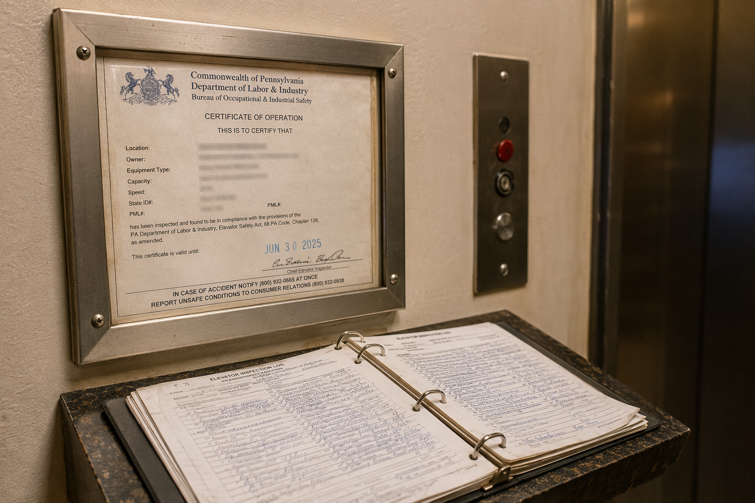 Pennsylvania elevator certificate of operation posted beside call buttons in a Philadelphia building, reflecting ASME A17.1 code compliance and L&I inspection requirements.
