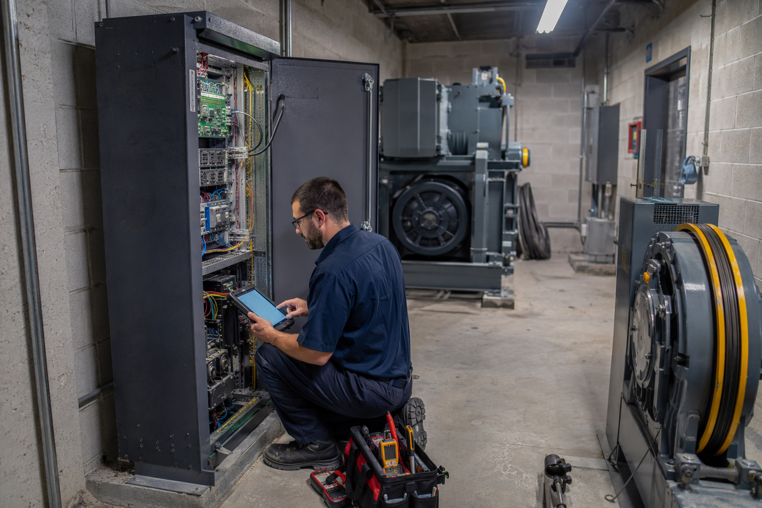 Elevator technician servicing a variable-frequency drive controller in a Philadelphia building machine room during a preventive maintenance visit.