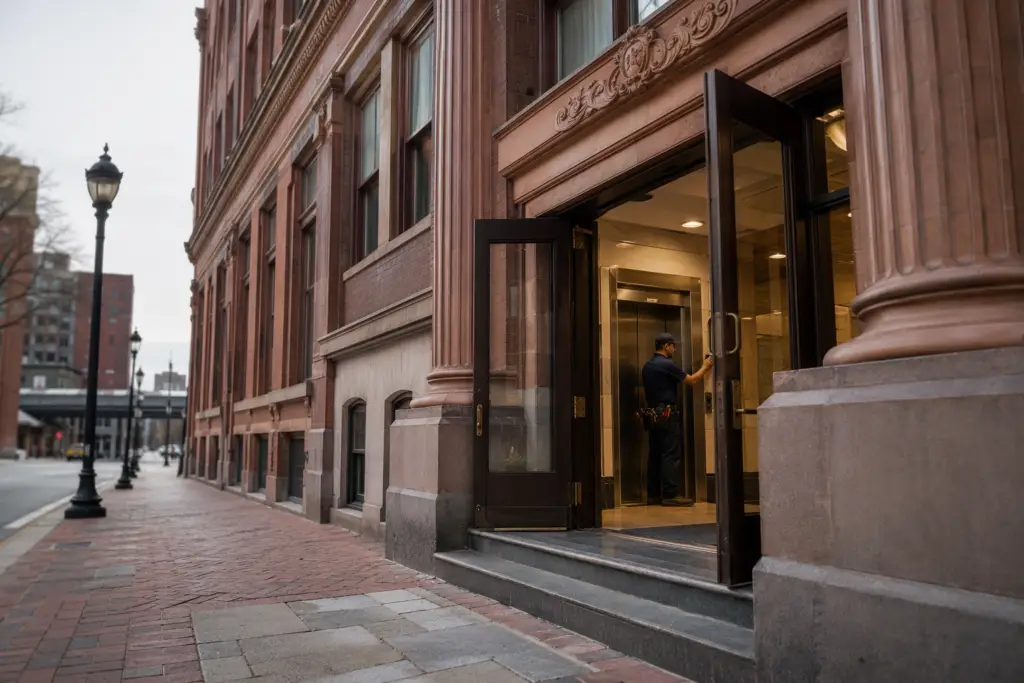 Elevator service technician inspecting a commercial elevator entrance in a historic Richmond VA office building lobby, illustrating professional elevator service in Richmond VA.