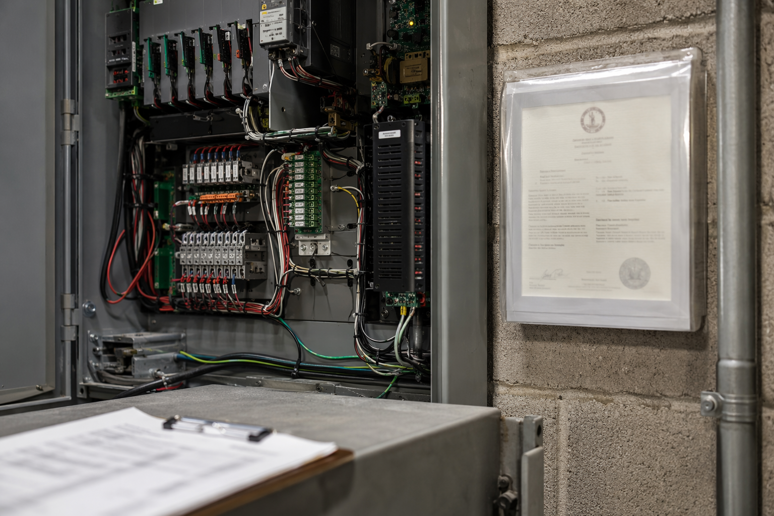 Virginia DOLI elevator inspection certificate mounted in an elevator machine room alongside an open controller cabinet, representing code compliance for elevator service in Richmond VA.