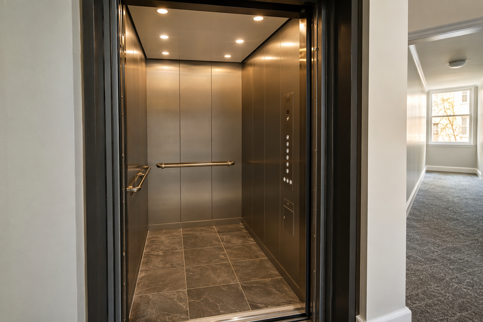 Modernized Elevator Cab Interior – Richmond VA Residential Building Modernized elevator cab interior with brushed stainless panels and LED lighting inside a Richmond VA mid-rise residential building, showcasing elevator modernization service.