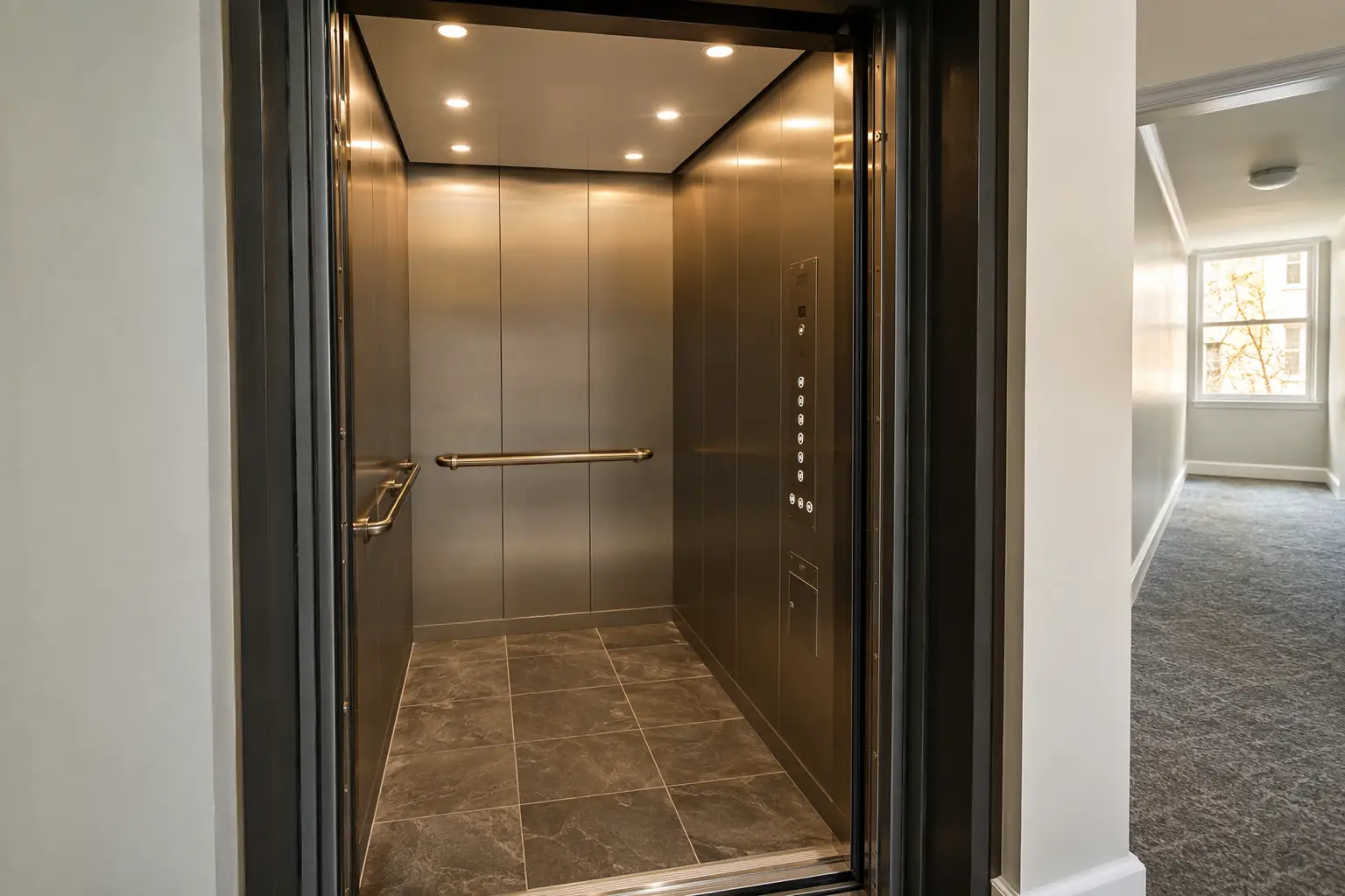Modernized elevator cab interior with brushed stainless panels and LED lighting inside a Richmond VA mid-rise residential building, showcasing elevator modernization service.