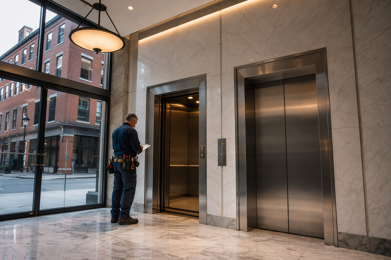 Baltimore Elevator Service – Quality Elevator Company IUEC-certified elevator service technician inspecting a stainless-steel elevator cab in a Baltimore MD mid-rise office building lobby