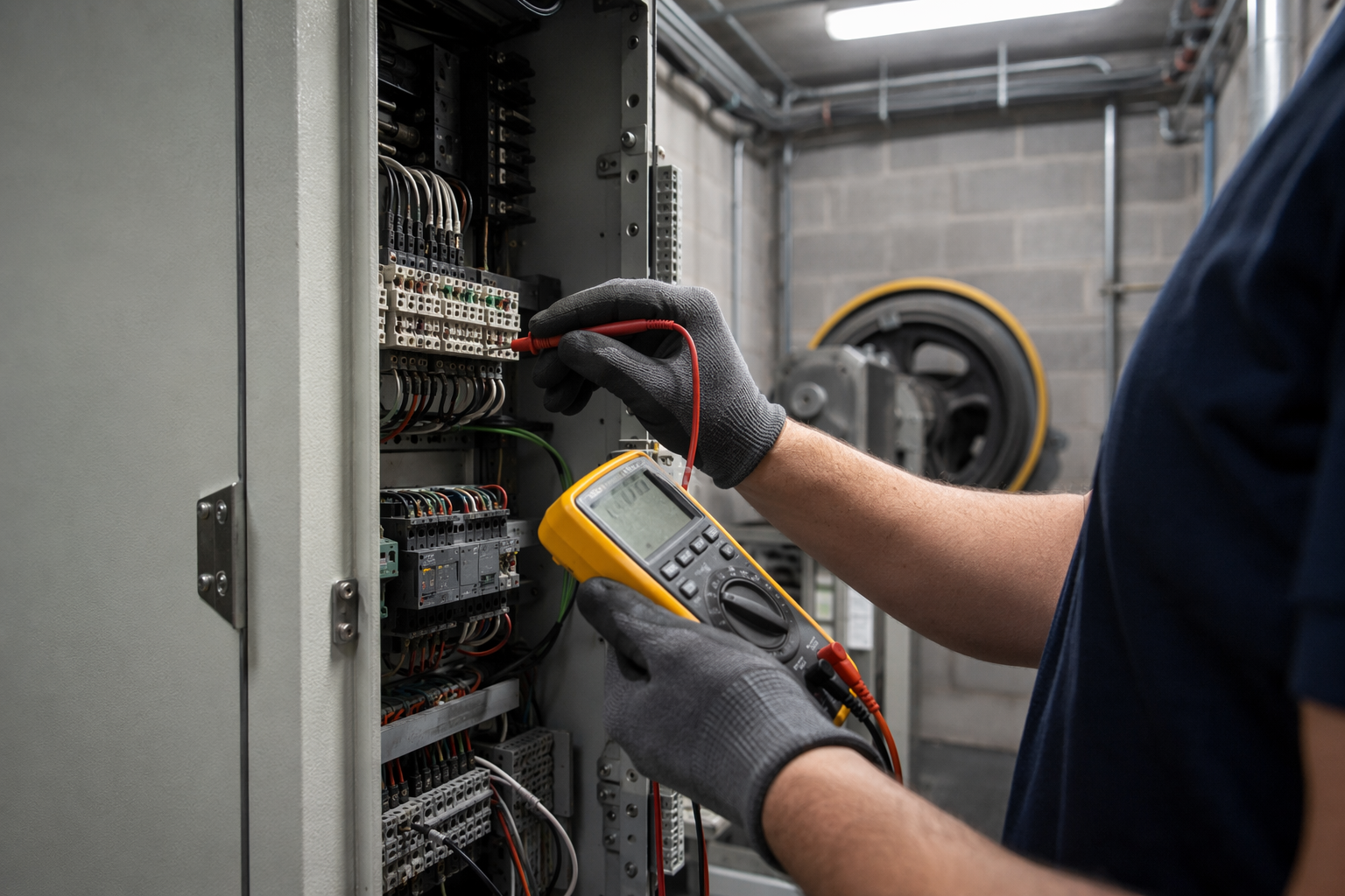 Elevator Code Compliance Inspection – Machine Room Controller Elevator technician testing machine room controller during a Maryland code compliance inspection in a Baltimore commercial building