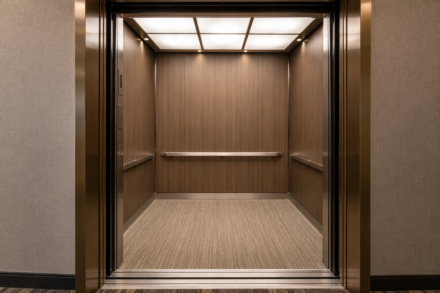 Elevator Modernization – Cab Interior Upgrade Newly modernized elevator cab interior with LED ceiling, wood-grain panels, and brushed-metal fixtures in a Washington DC area office building