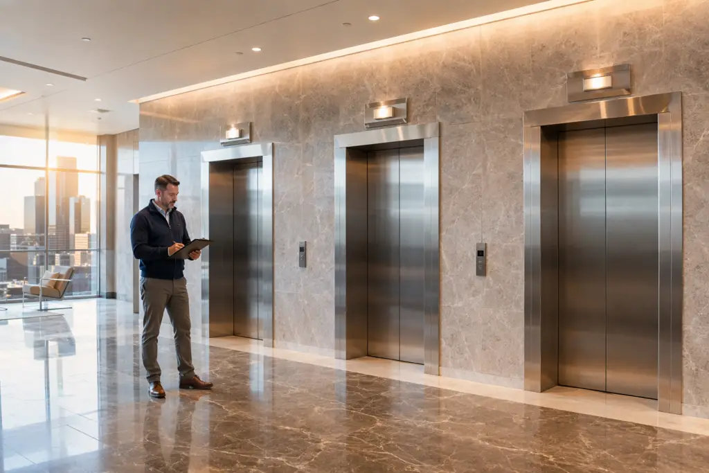 Baltimore MD office building elevator bank with stainless steel cab doors and marble lobby, representing key factors in elevator service provider comparison