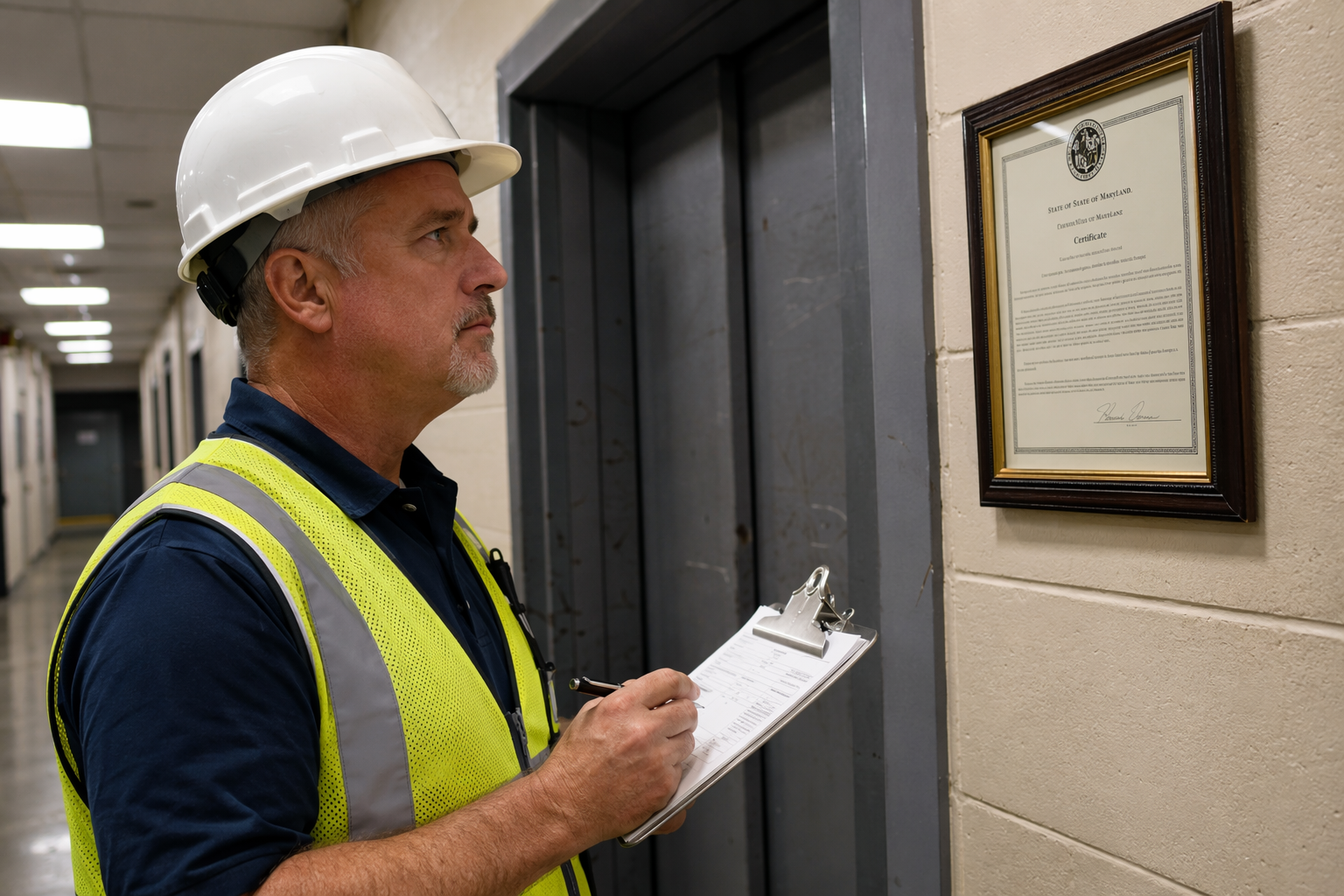 Licensed elevator inspector reviewing Maryland compliance certificate beside a Baltimore commercial freight elevator door during a service provider evaluation