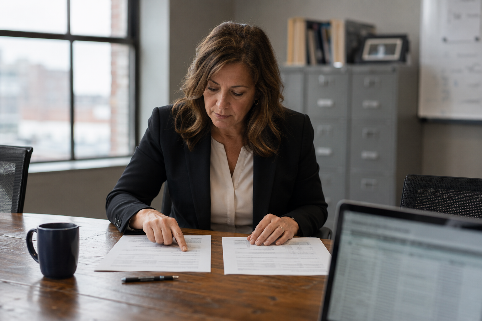 Baltimore building manager comparing elevator maintenance contracts at a desk, evaluating service provider terms, pricing transparency, and compliance coverage