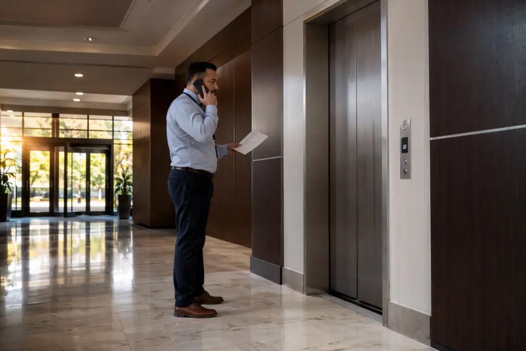 Building manager calling elevator service company after elevator stuck between floors in Washington DC office building lobby, cell phone to ear beside misaligned elevator doors