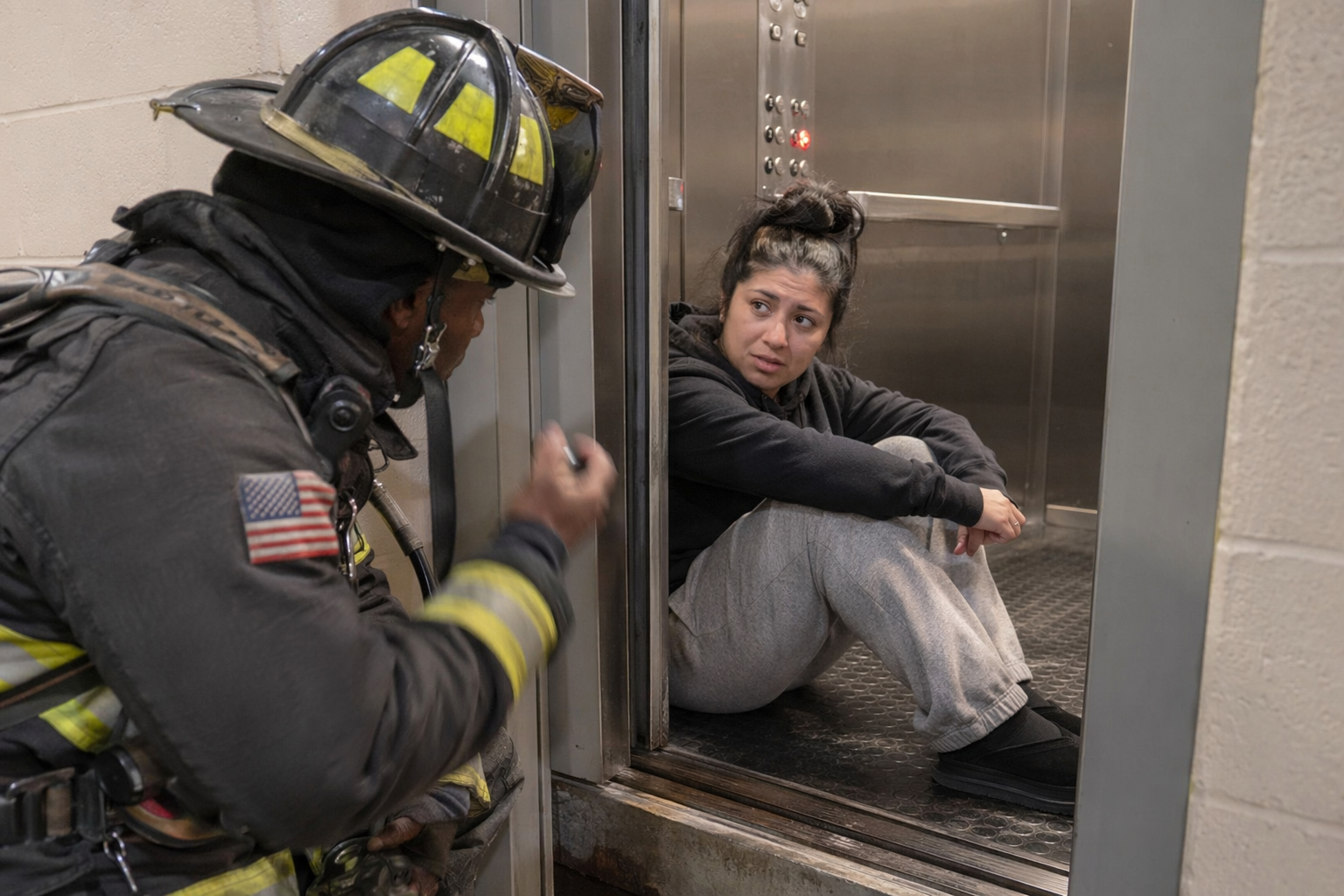 Baltimore fire rescue technician assisting passenger trapped in elevator stuck between floors, cab offset above landing showing dangerous gap during entrapment response