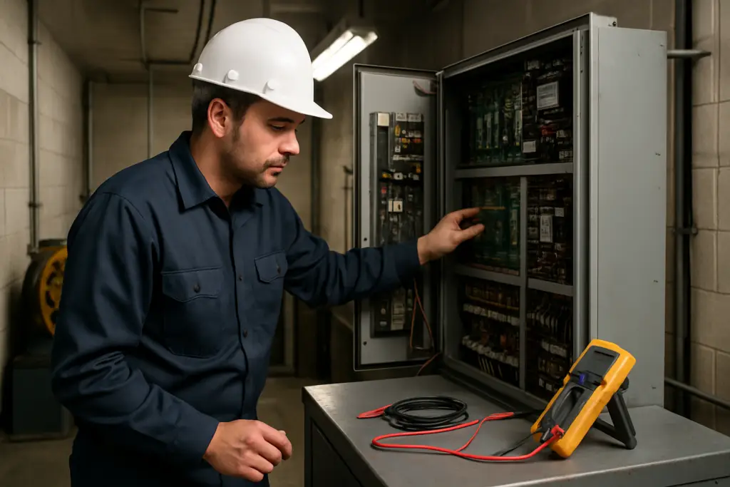 Certified elevator technician performing emergency elevator repair in Baltimore, inspecting control panel in machine room with diagnostic equipment