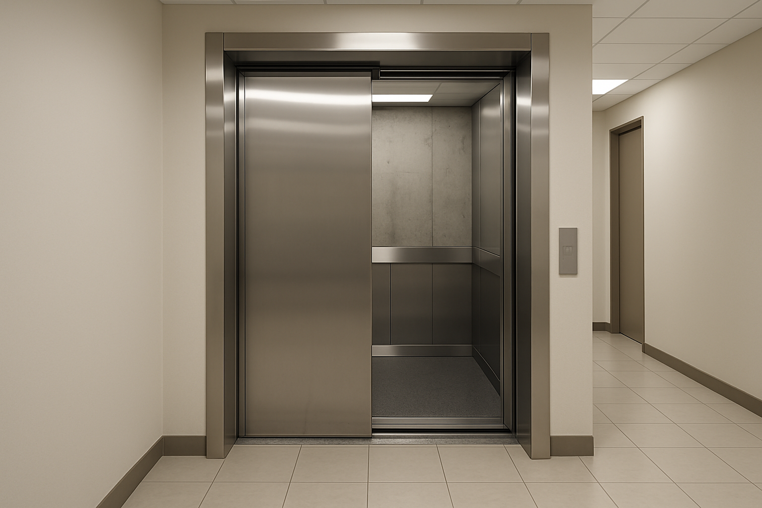 Elevator Door Failure — Emergency Situation Example Commercial elevator cab stopped between floors in Baltimore building, illustrating a common emergency elevator repair situation involving door failure or cab leveling malfunction