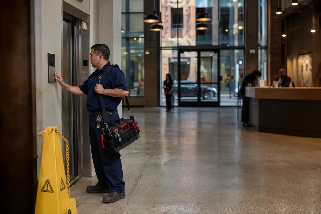 Licensed elevator technician responding to an emergency elevator repair call in a Philadelphia commercial office building lobby, yellow safety barrier in foreground.