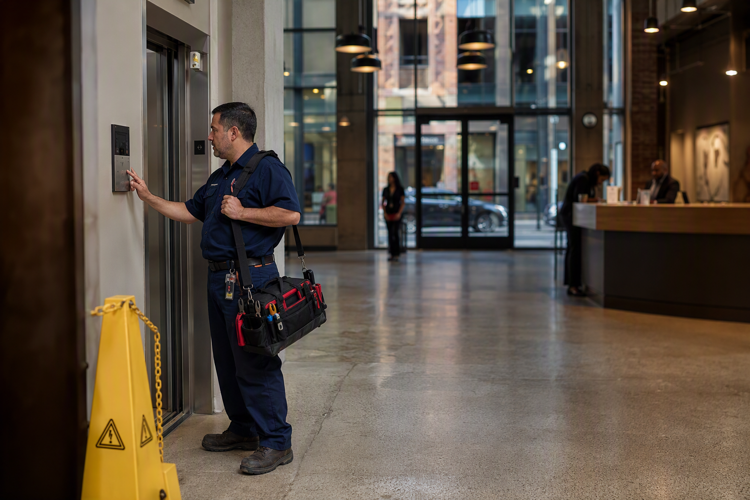 Licensed elevator technician responding to an emergency elevator repair call in a Philadelphia commercial office building lobby, yellow safety barrier in foreground.