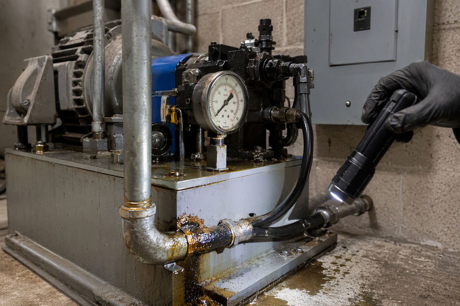 Hydraulic elevator oil line leak inside a Philadelphia building machine room, a leading cause of emergency elevator breakdowns requiring immediate licensed repair.