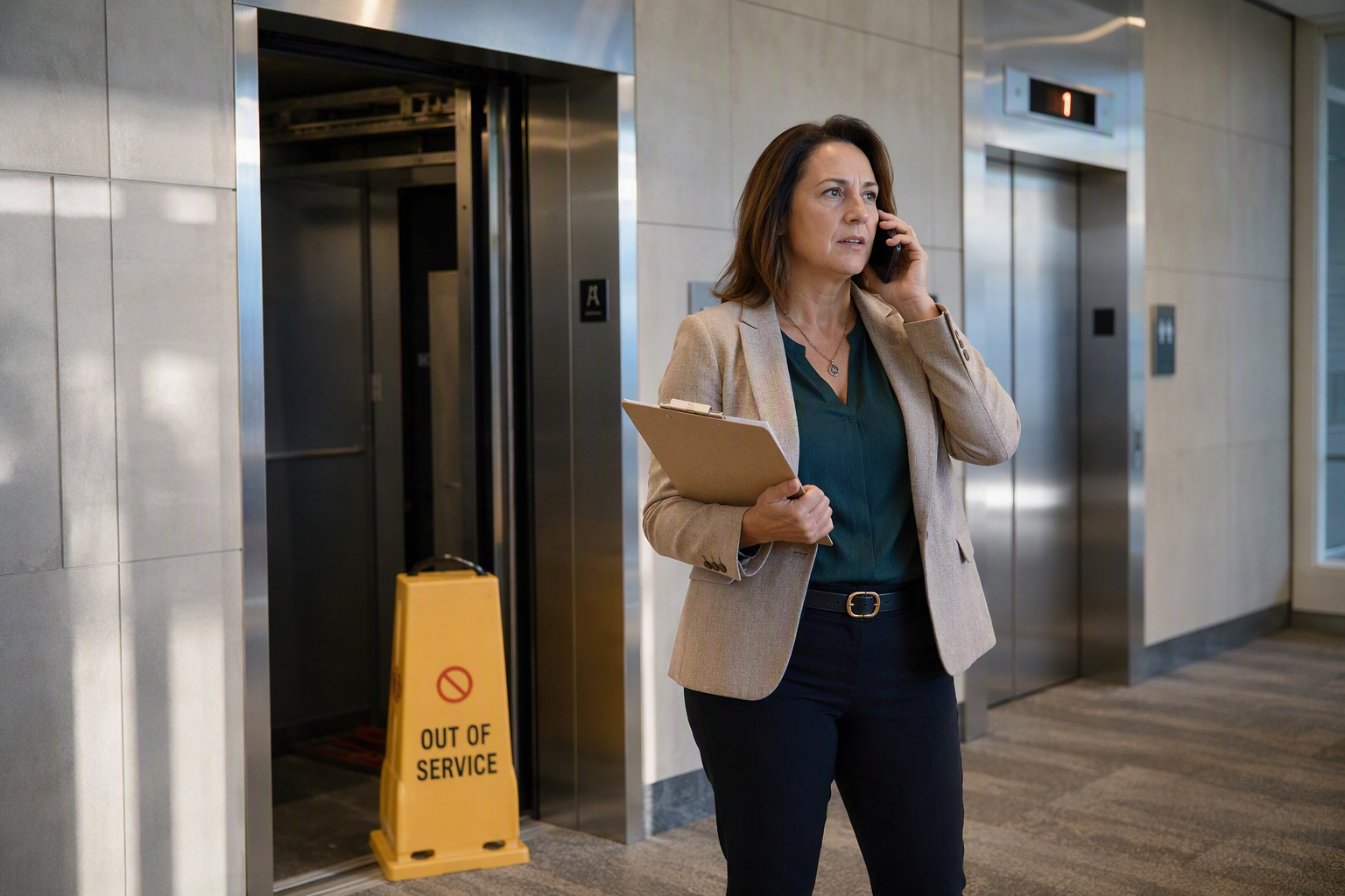 Philadelphia building manager calling a certified elevator repair company after an elevator breakdown, following proper emergency protocol to protect occupants and limit liability.