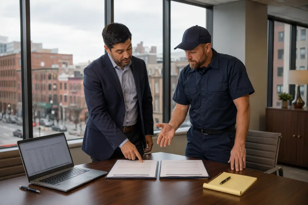 Building manager and elevator technician comparing a full maintenance contract versus an oil and grease contract at an office table in Baltimore, MD
