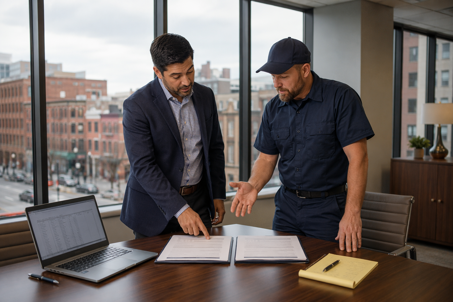 Full Maintenance vs Oil and Grease Contract Comparison Building manager and elevator technician comparing a full maintenance contract versus an oil and grease contract at an office table in Baltimore, MD