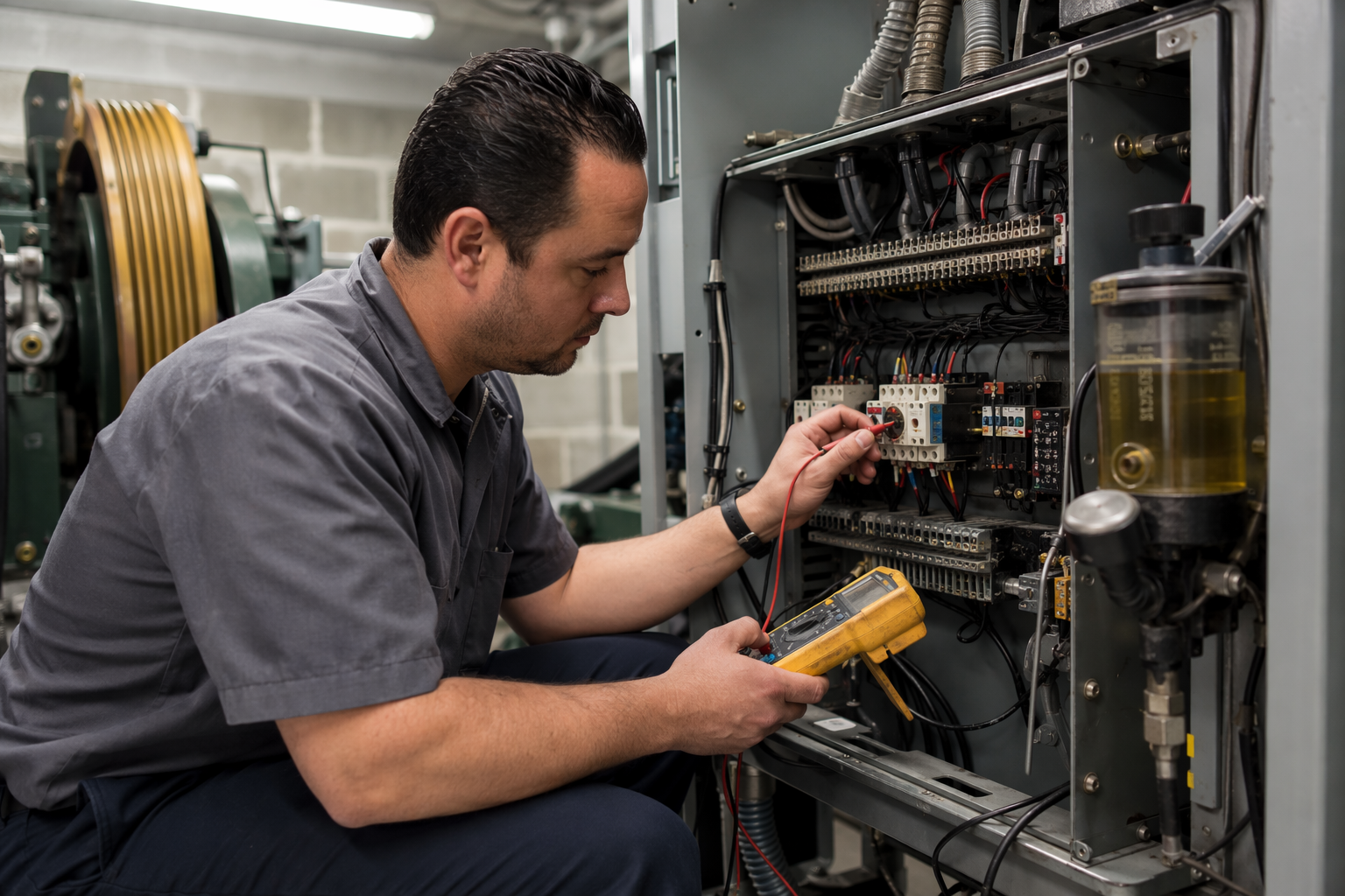 Full Maintenance Contract: Machine Room Service in Detail Elevator technician inspecting traction machine controller components during a full maintenance service visit in a Washington DC commercial building machine room