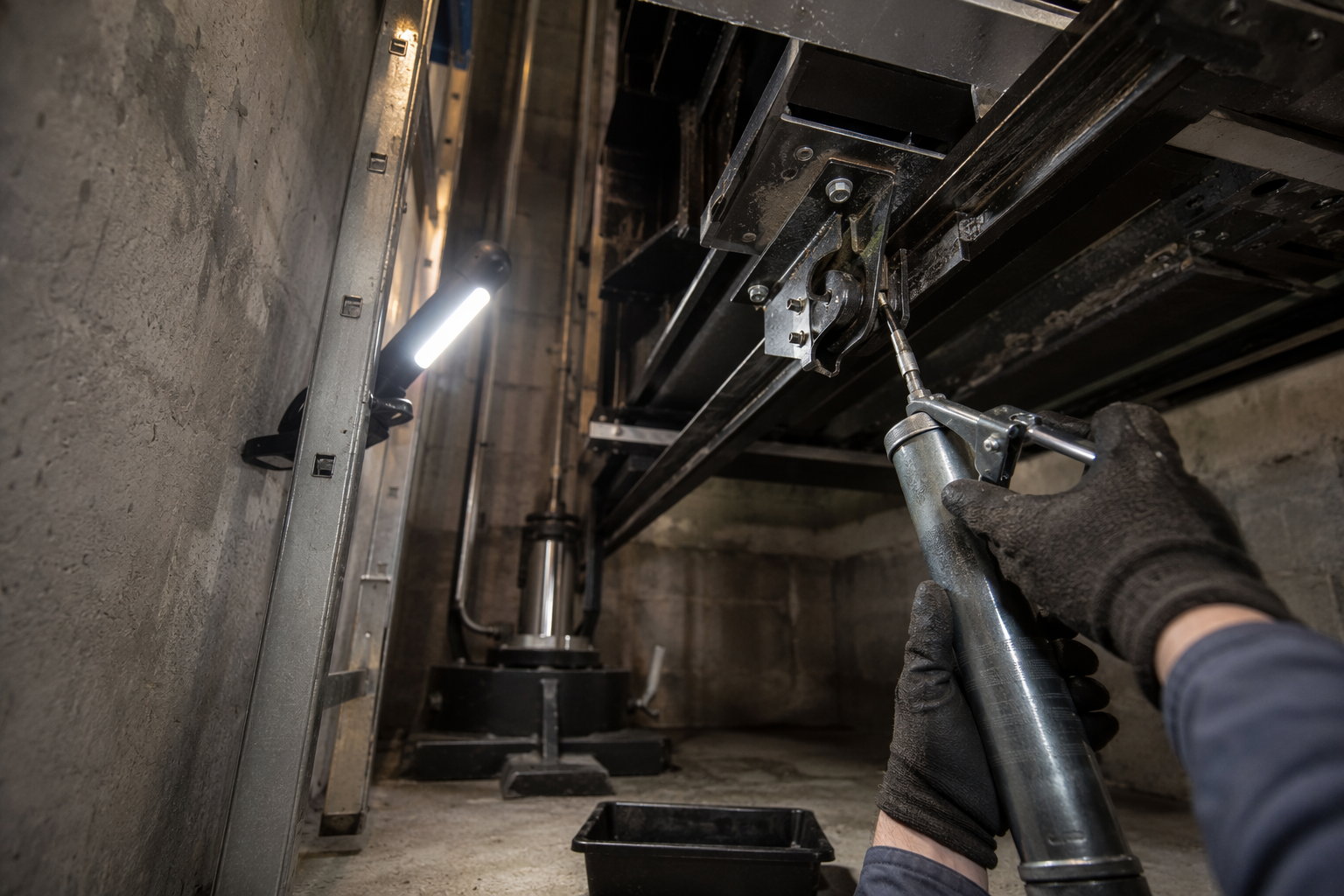 Oil and Grease Contract: Lubrication Scope in the Elevator Pit Elevator technician lubricating hydraulic car guide shoes in a Philadelphia building pit — the core scope of an oil and grease elevator service contract