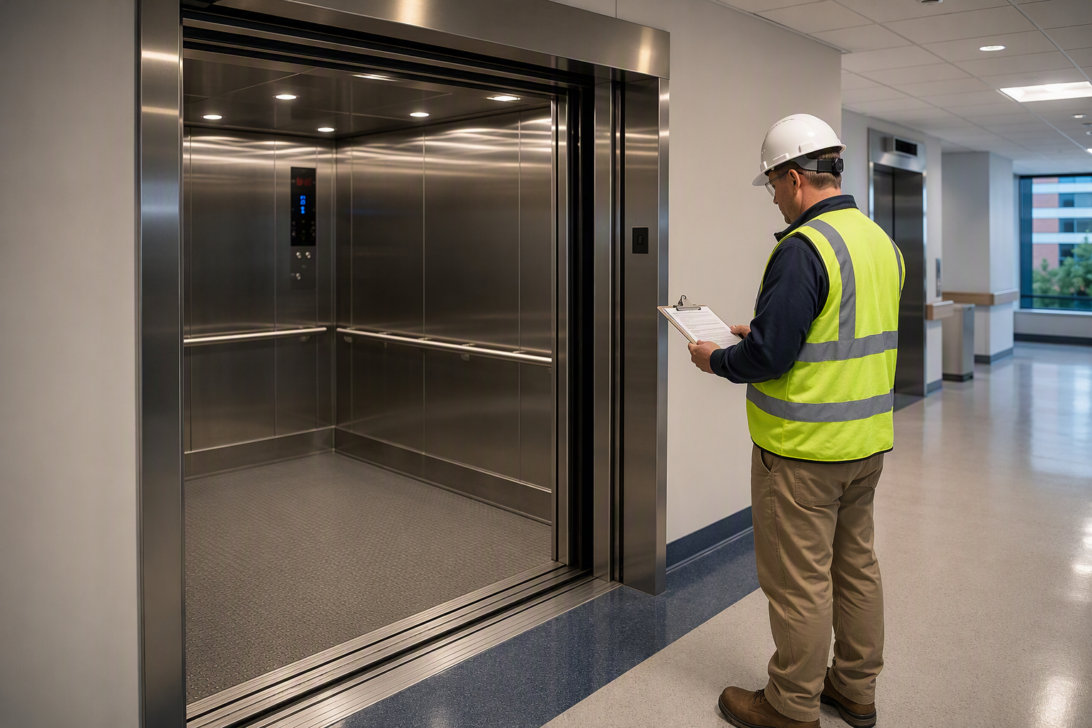 Licensed elevator inspector reviewing healthcare facility elevator code compliance at a Baltimore hospital, examining a hospital-duty elevator cab with stretcher-rated dimensions.