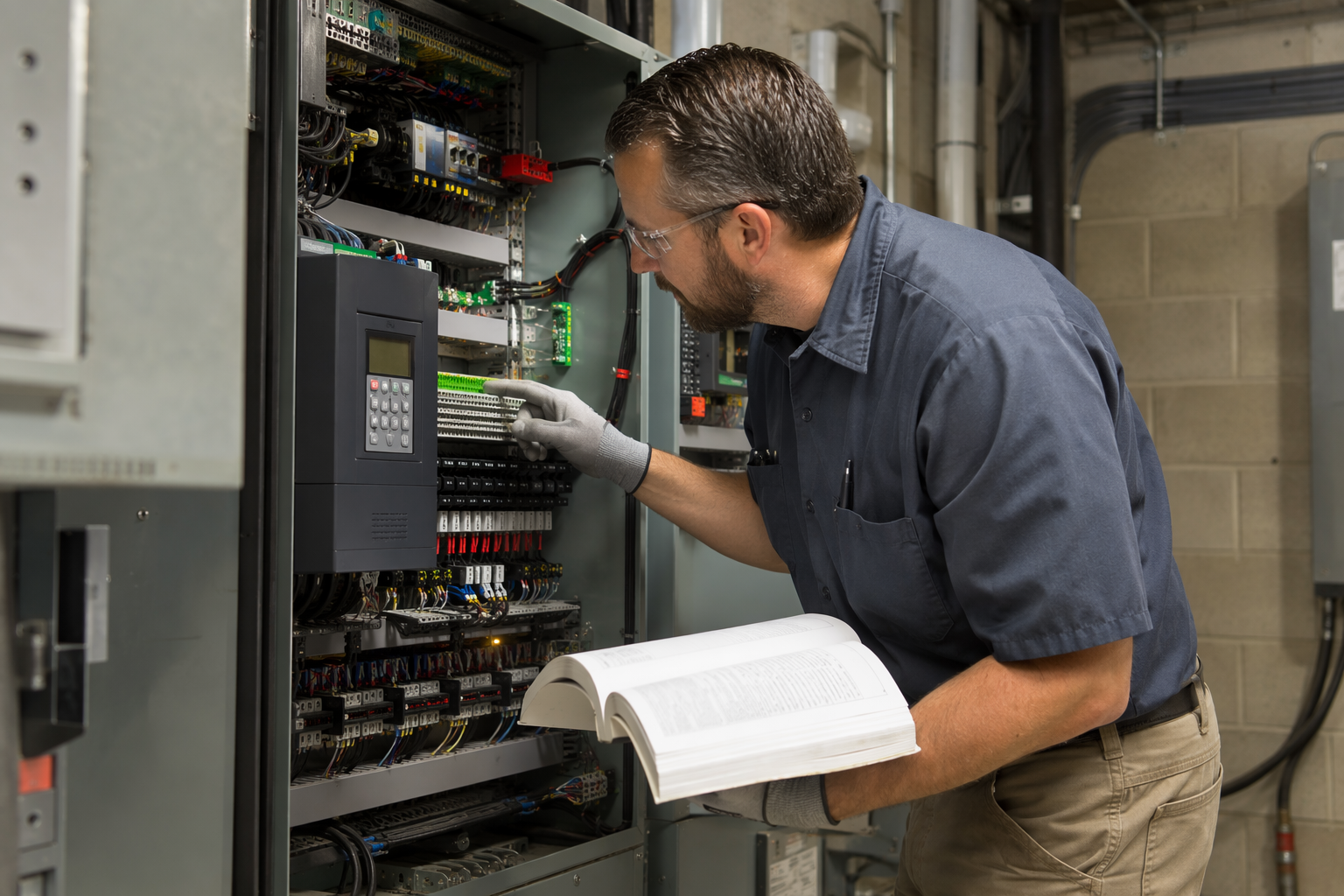 Elevator technician referencing ASME A17.1 code requirements while inspecting a hospital elevator controller in a Baltimore healthcare facility machine room.