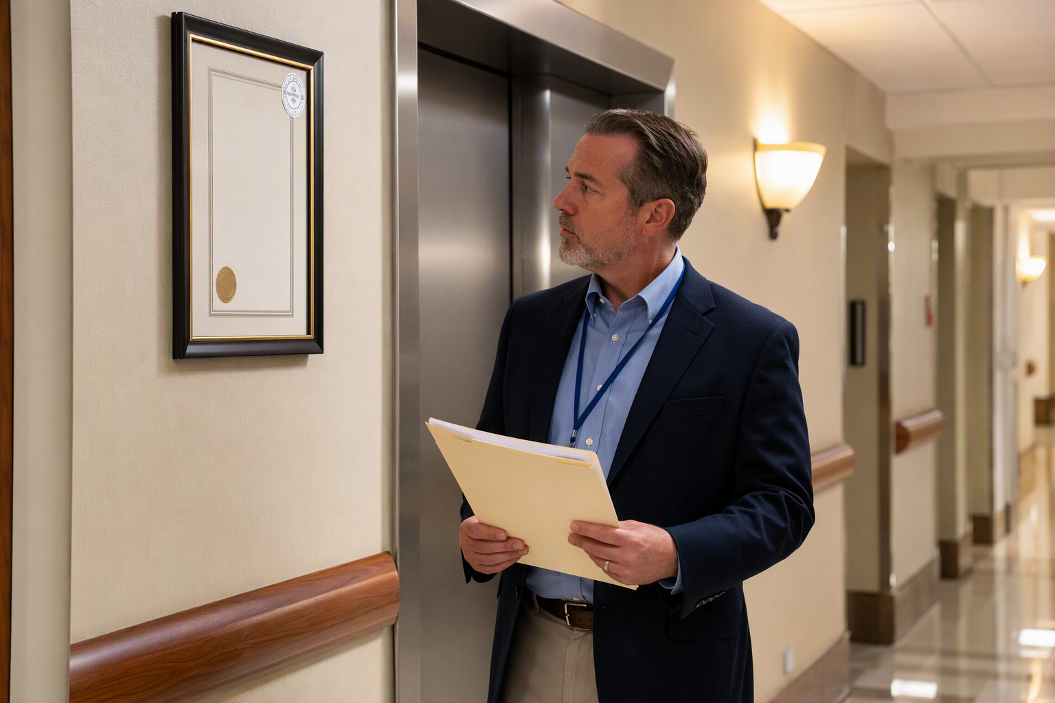 Baltimore healthcare facility manager reviewing a current Maryland elevator inspection certificate posted beside a hospital elevator, confirming periodic inspection compliance.