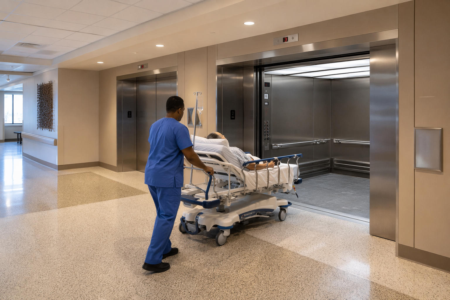 Hospital elevator lobby in a mid-Atlantic healthcare facility showing wide cab doors open and a patient on a gurney being transported, illustrating hospital elevator requirements
